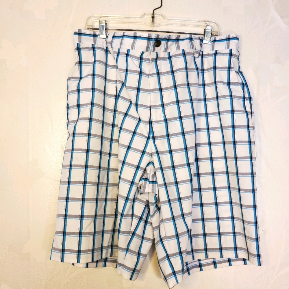 Sz 40 Adidas men's plaid shorts white blue
